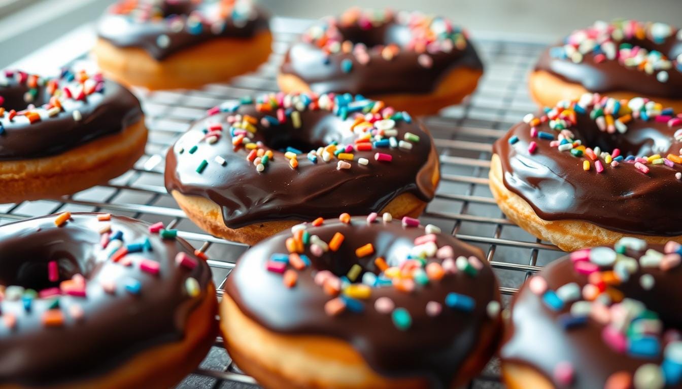 Freshly glazed chocolate frosted donuts cooling on a wire rack